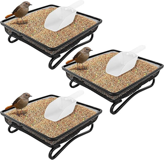 3 Pcs Platform Bird Feeder with Scoop, 6.7 x 6.7 x 2.2 in Ground Bird Feeder Tray Metal Square Squirrel Feeders Rust Resistant Mesh Seed Tray for Outside Wild Birds Dove