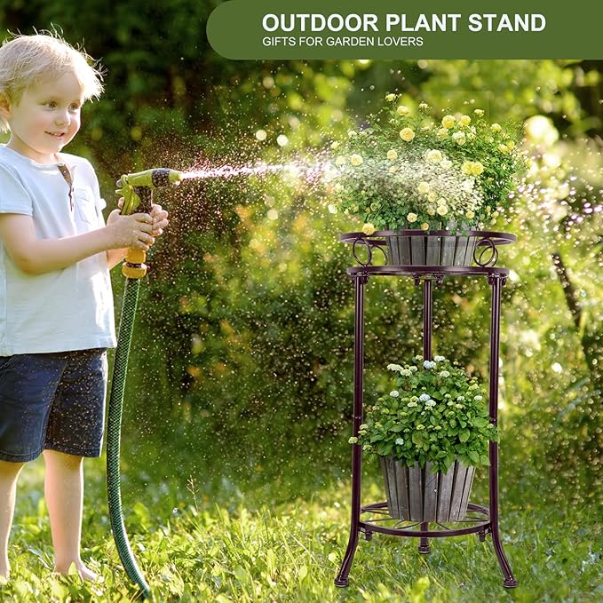 2 Tiers Plant Stand Indoor Outdoor, 20.3'' Metal Tall Potted Plant Flower Stands,Heavy Duty Rustproof Corner Display Rack, Flower Pot Shelf Planter Holder Decor for Home Garden Office-Bronze