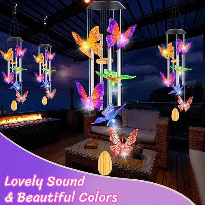 Womens Gifts for Christmas Wind Chimes Gift for Mom Birthday Gifts for Women Mom Butterfly Wind Chimes for Outside Gift for Grandma Solar Lights Garden Outdoor House Patio Décor