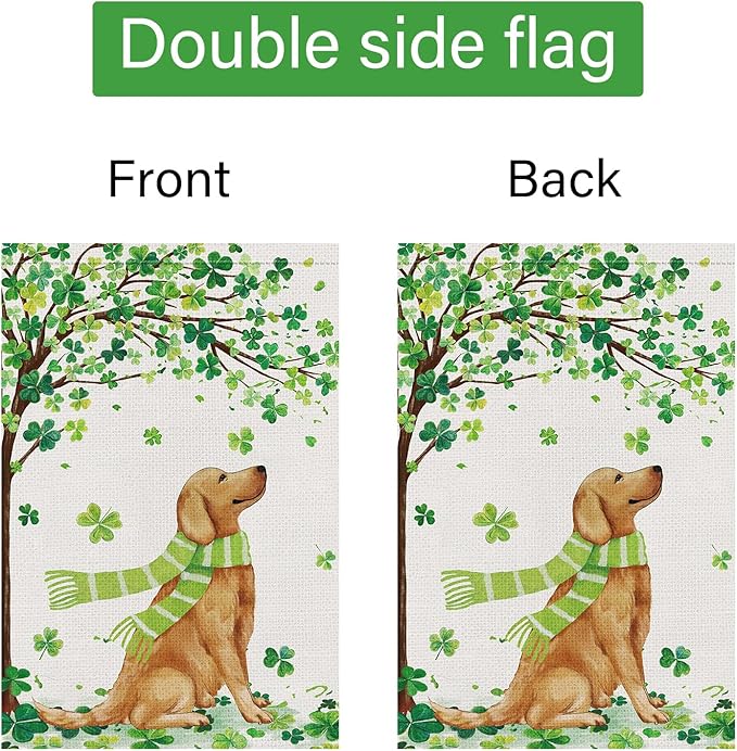 Louise Maelys St Patricks Day Garden Flag Shamrock Golden Retriever Welcome Double Sided 12x18 Inch Small Burlap Saint Spring Holiday Yard Outdoor Outside Home Decor