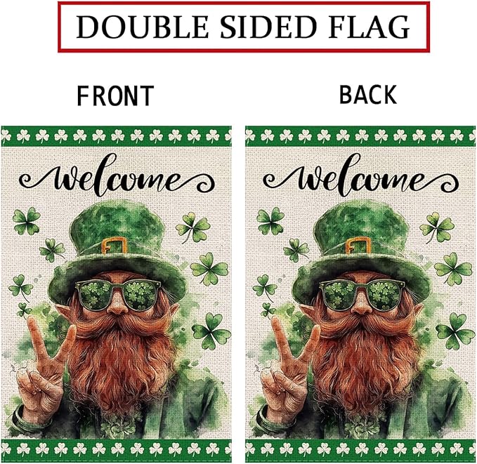 St Patricks Day Garden Flag - Leprechaun Shamrocks Green St Patricks Burlap Double Sided Holiday Flags Decorations for Yard lawn Outside Outdoor 12.5 x 18 Inch