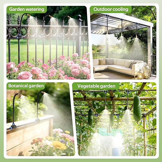 HIRALIY 360° Adjustable Drip Irrigation System 100FT, 1/4" Tubing with Adjustable Copper Nozzles, Automatic Atomizing Watering Kit for Garden, Yard, Lawn, Greenhouse & Potted Plants