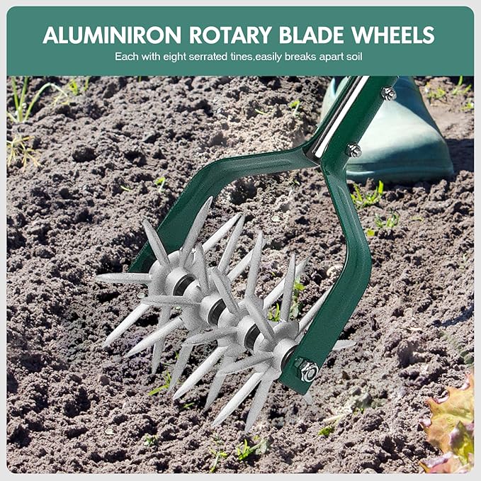Garden Cultivator Adjustable Stainless Steel Handle, fine Rotary Cultivator Tiller for Small Scale Gardens Soil Loosening, Lawn Aeration, Fertilizer Mixing & Planting Preparation