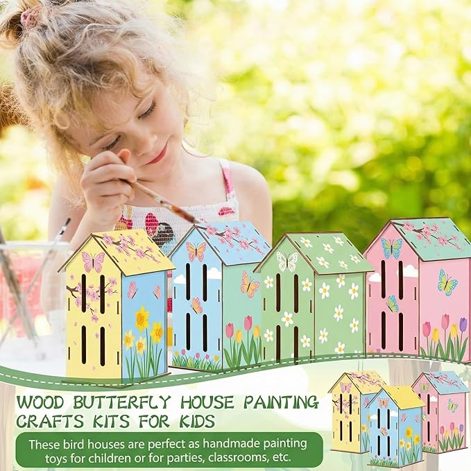 DoubleFill 24 Pack Wood Butterfly House Painting Crafts Kits My First Butterfly House DIY Art Craft Kit with Hemp Rope DIY Cedar Wooden Birdhouse for Building Bee Ladybug Habitat, No Paint