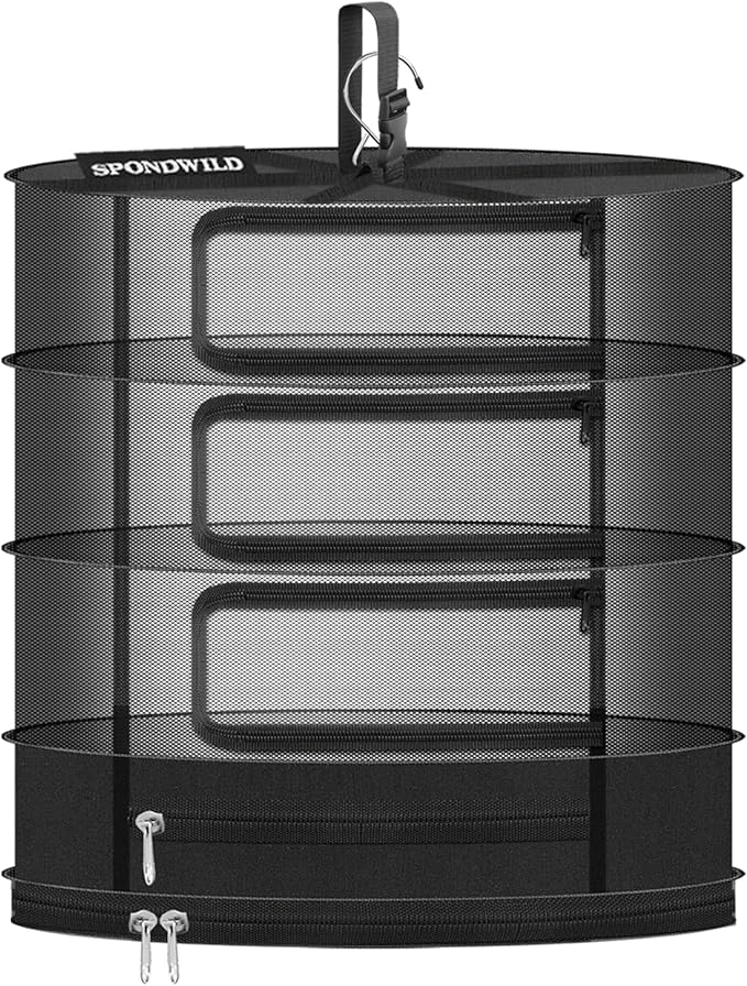 Herb Drying Rack Hanging Mesh, Medium 4 Layer Plant Drying Rack with Door Type Zipper and Closed Storage Compartment for Folding Basket Dryer Fit in Grow Tents, Garden Outdoor