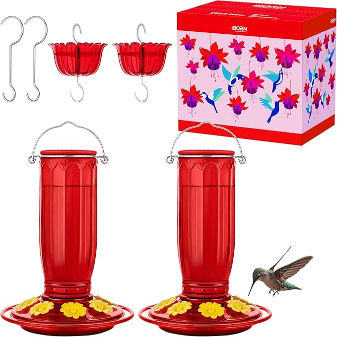 iBorn Hummingbird Feeders for Outdoors Hanging with Ant Moat for Hummingbird Feeder Glass 8 Ports for 16oz Hummingbird Nectar,Yellow Flowers Red Glass, Pack of 2