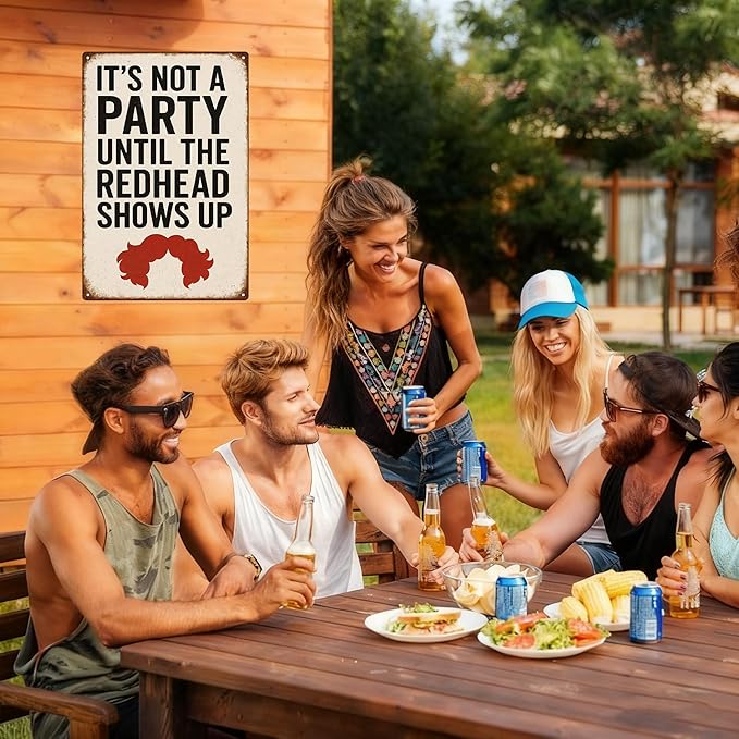 Funny Bar Party Redhead Sign –“IT’S NOT A PARTY UNTIL THE REDHEAD SHOWS UP” Retro Wall Decor for Home Bar, Game Room, or Party Space – Humorous Gift for Redheads, Friends, and Fun Lovers (Redhead)