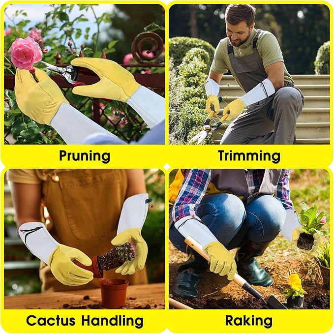 HANDLANDY Rose Pruning Gardening Gloves for Men Women, Thorn Proof Forearm Protection Leather Garden Gloves, Gardening Gifts for Gardeners (Golden Yellow, Small)