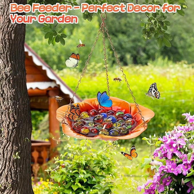 Bee Feeder with Vivid Hibiscus Design - Anti-Rust Iron Bee Watering Station for Feeding, Colorful Butterfly Bath Bowl Bee Cups with 30 Glass Marbles for Outdoor Yard Garden Decor Gifts (Orange)