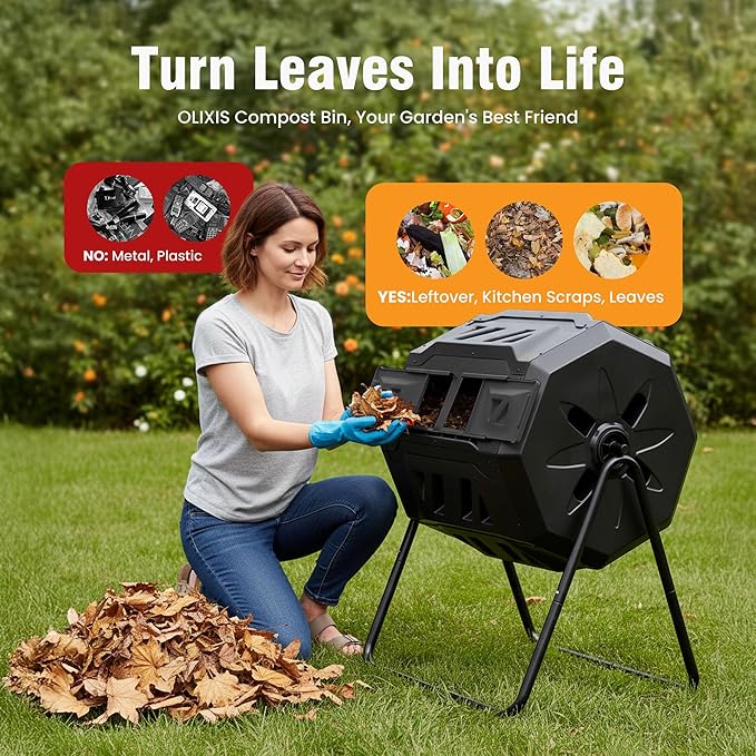 NEWBULIG Compost Bin Outdoor 43 Gallon, Dual Chamber Composter Tumbler Outdoor with Gloves, Efficient 360°Rotating Composting Bin for Patio, Lawn, Home Gardening and Landscape, Black
