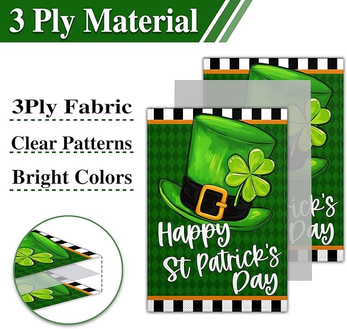 Happy St Patricks Day Garden Flag 12x18 Inch Shamrock Top Hat Garden Flag for Outdoor Indoor House Outside Yard Green Shamrock Holiday Signs Decorations