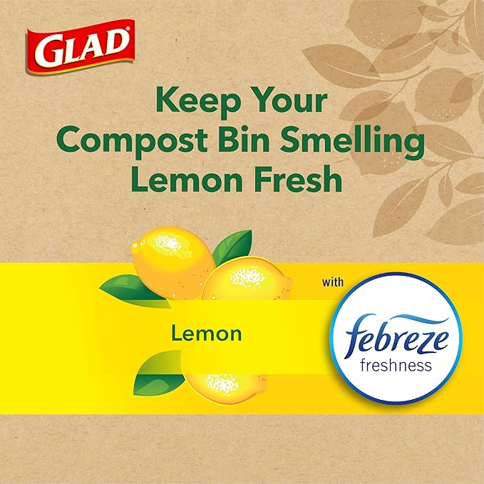 Glad Trash Bags, Kitchen Compost Bags 2.6 Gallon Garbage Bags, 100% Compostable Bag, Febreze Lemon, 44 Count (Package May Vary), Light Yellow