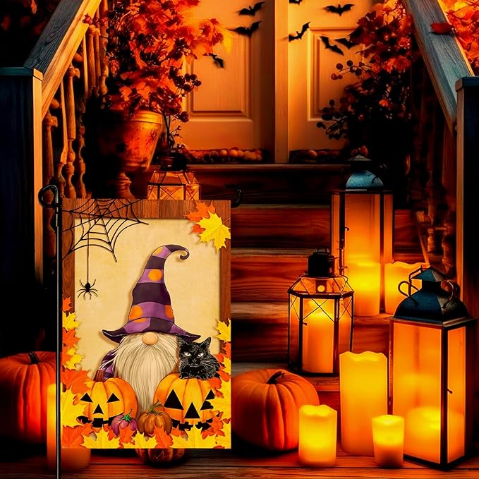 Fall Gnome Garden Flag Pumpkin Maple Leaf Garden Flags Seasonal Small Flag Double Sided Autumn Halloween Porch Patio Farmhouse Outdoor Decoration 12 x 18 Inch
