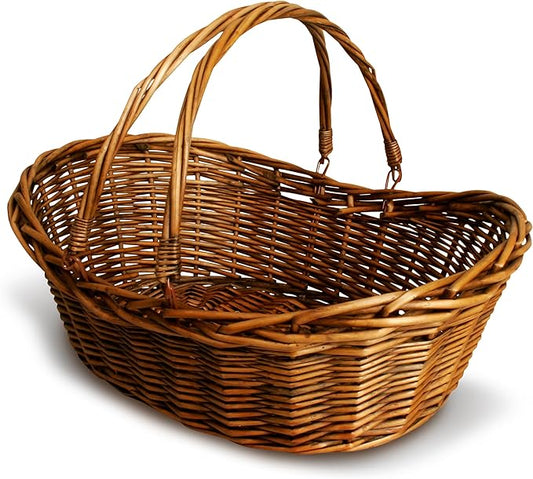 Wald Imports - Small Wicker Basket with Handle - Dark Brown Hand Woven Harvest Basket - Wicker Flower Basket for Storage, Picnics, Easter, Organizing, and More (14 x 5.5 inches)