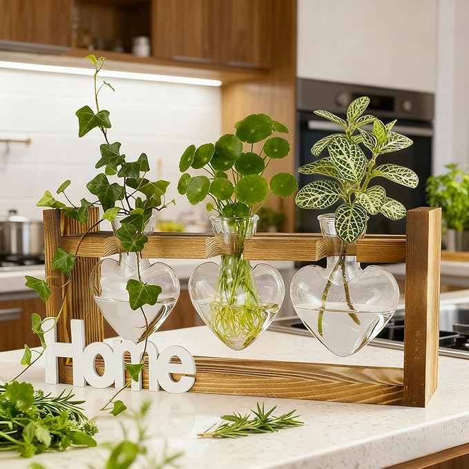 IBEUQEM Heart-Shaped Plant Propagation Station, 3 Glass Plant Terrarium with Wooden Stand, Starter, Propagation Station for Hydroponics Office Garden Home Decor, for Women Lovers