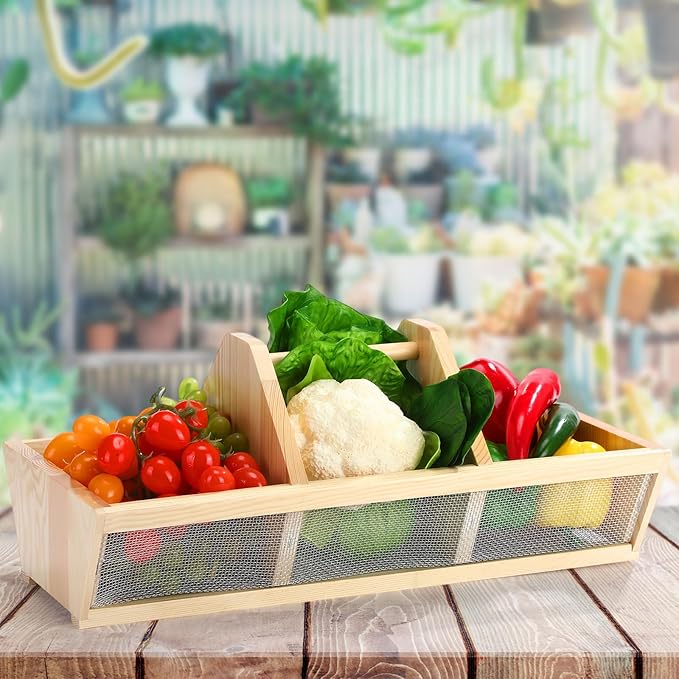 Garden Harvest Basket 20 x 10 x 8 Inch Vegetable Hod for Gardeners Fruits Veggies Basket with Center Divider Versatile Gardening & Vegetables Gathering Hod with Wood Handle Father's Day Gift