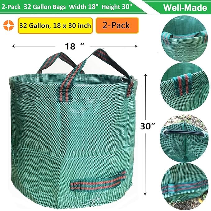 Standard 2-Pack 32 Gallon Lawn Garden Bags Big (D18,H30 in) Yard Waste Bags W/Gardening Gloves for Leaf Bag,Grass Clippings,Yard Debris Bin,Camping Trash Container,Recycling Bin,Laundry Bag 4 Handles
