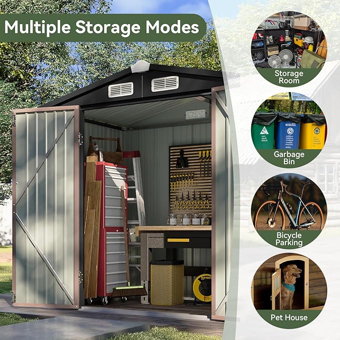 Aoxun 6.2x4 FT Shed Outdoor Storage Shed with Lockable Doors & Slooping Roof Metal Garden Tool Shed for Backyard, Patio, Poolside (Brown)