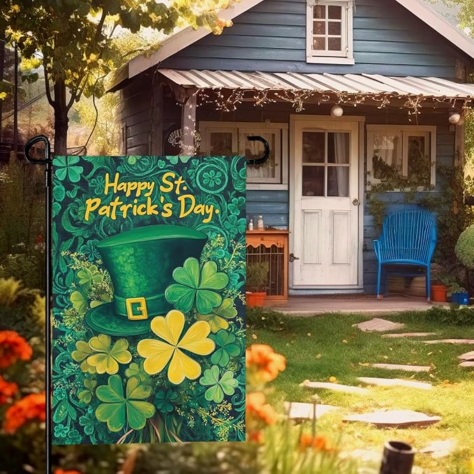 Happy St. Patrick's Day Shamrock Garden Flag Double Sided 12 x 18 Inch Green Hat with Clovers Decorative Garden Yard Flags for Home Decor