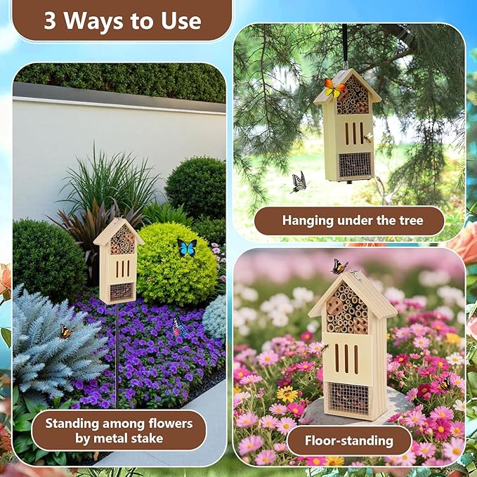 Wooden Insect House, Bee House with Metal Stake for Garden, Natural Ladbugs Habitat & Butterfly Hotel on The Ground or Hanging on Tree Wall (Pine, 4.13"x2.56" x10.63", 32'' H Stake)