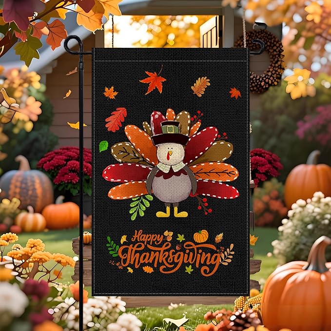 Fall Thanksgiving Turkey Garden Flag 12x18 Inch, Double Sided Bless Harvest Holiday Burlap Yard Flag for Outdoor Decoration