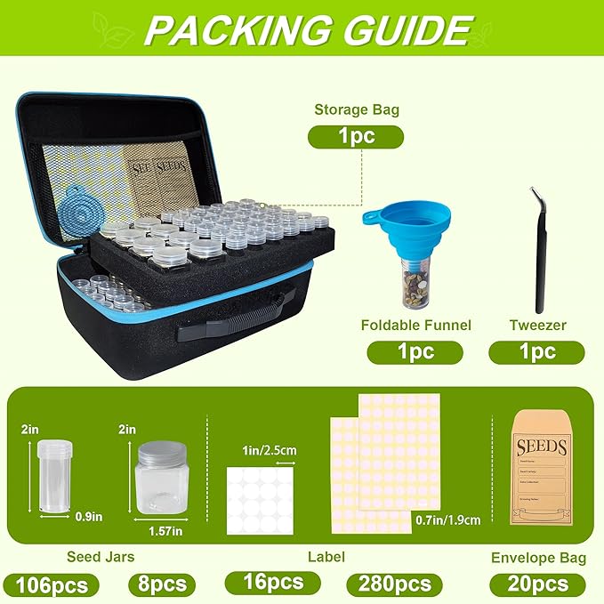 114 Slots Seed Storage Organizer Box with 20 Envelopes, Large Capacity Seed Storage Container with Zipper Bag, Label Stickers, Tweezers, Funnel, Garden Seeds Saver Kit for Vegetable, Flower
