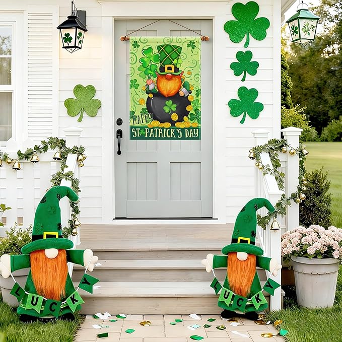 Happy St Patricks Day Gnome House Flag Burlap 28x40 Double Sided, Green Leprechaun Hat Shamrock Lucky Clover Holiday Party Sign Large Flags Yard Outdoor Decorations DF656-28
