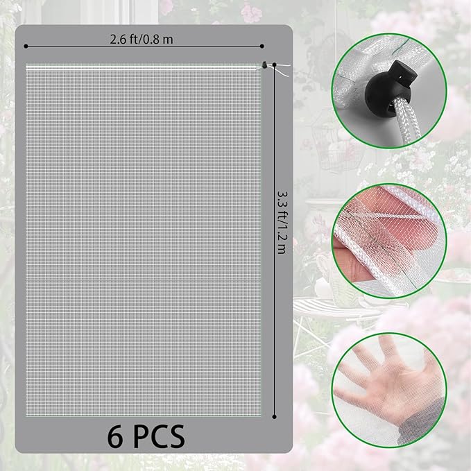 6 Pack Bird Netting for Garden Protection,Garden Netting Pest Barrier with Drawstring,3.3Ft x 2.6Ft Plant Covers Insect Bird Barrier Netting Mesh for Vegetables,Friut,Tree,Blueberry,Bushes,Tomato