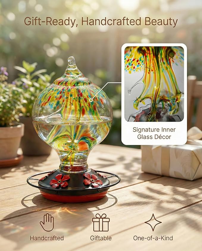 Hummingbird Feeder for Outdoors Hanging, 34 Oz, Handcrafted Gift Inner Glass Décor for Bird Garden Lover, Ant Moat & Bee-Resistant Ports, Hook & Brush Included, Golden Meadow