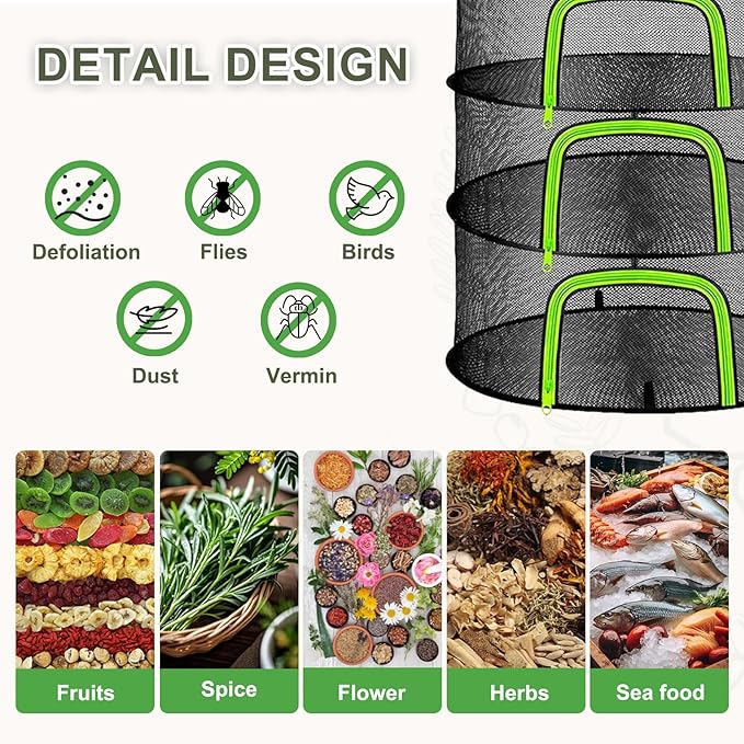Herb Drying Rack Hanging Mesh Net - 6 Tier plant drying rack Foldable Design with U-Zipper, Bonus Pruning Shears & Plant Hooks for Garden Herbs, Vegetables, Fruits, Flowers & Dried Foods (23.62")