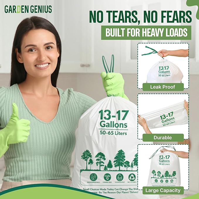 Biodegradable 13-17 Gallon Code-Q Trash Bags (50 Pack) | Strong Heavy-Duty Tall White Kitchen Bags w/Drawstring | Fits Simplehuman & Standard Cans | Eco-Friendly D2W, 30 Micron Thick | 25.6" x 33.5"