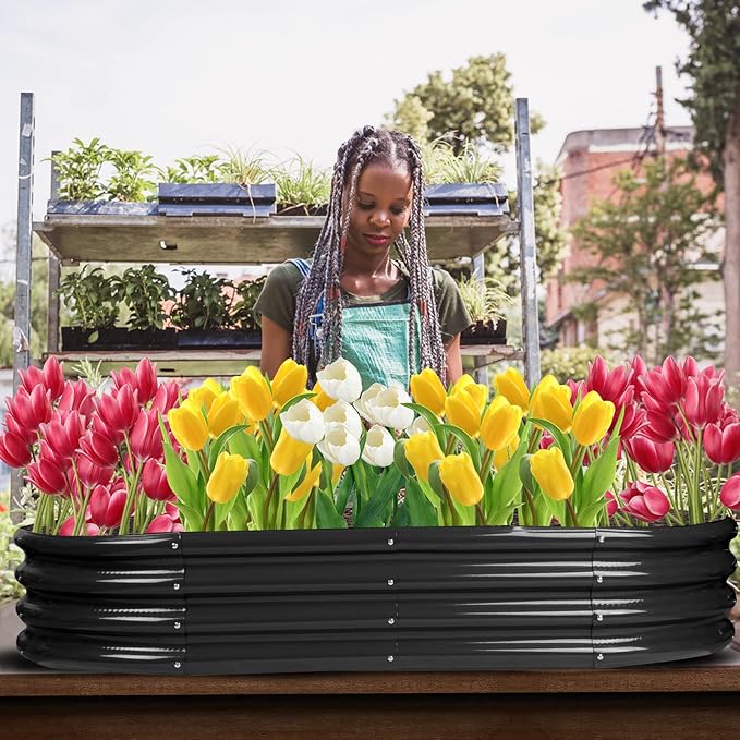 Raised Garden Bed GRS Certified Galvanized Planter Box Outdoor, 5ft Oval Rot-Resistant Metal Garden Bed Planter, Recycled Eco-Friendly Material Planter for Vegetables Flowers Herbs (Black)