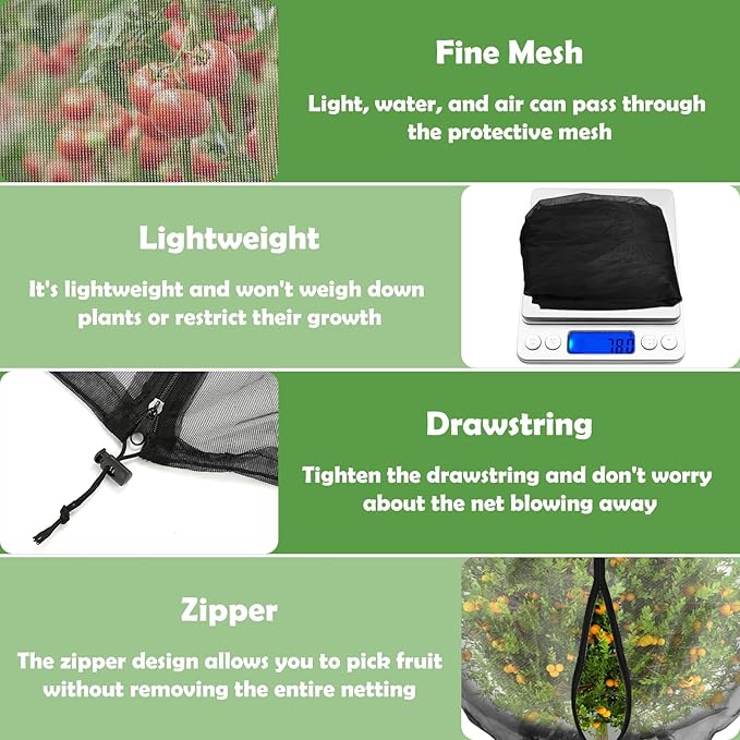2 Pack Fruit Tree Netting with Zipper and Drawstring, 6.6 x 8.2 Ft Bird Mesh Net Barrier Blueberry Netting for Bushes, Garden Plant Protection Net Cover for Apple Trees Vegetables Fruits