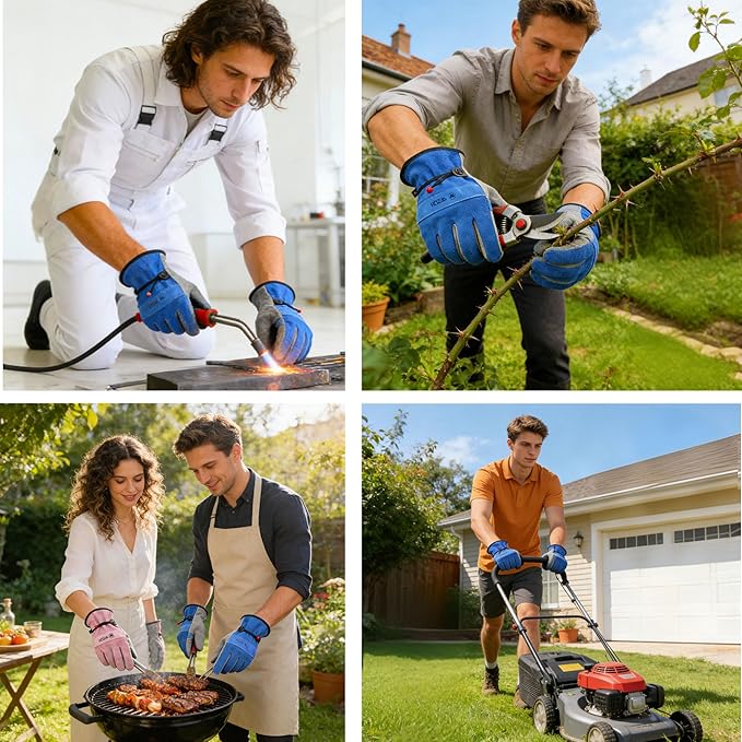 Leather Work Gloves for Men or Women. Large Glove for Gardening, Tig/Mig Welding, Construction, Chainsaw, Farm, Ranch, etc. Cowhide, Cotton Lined, Utility, Firm Grip, Durable. Blue-Grey L