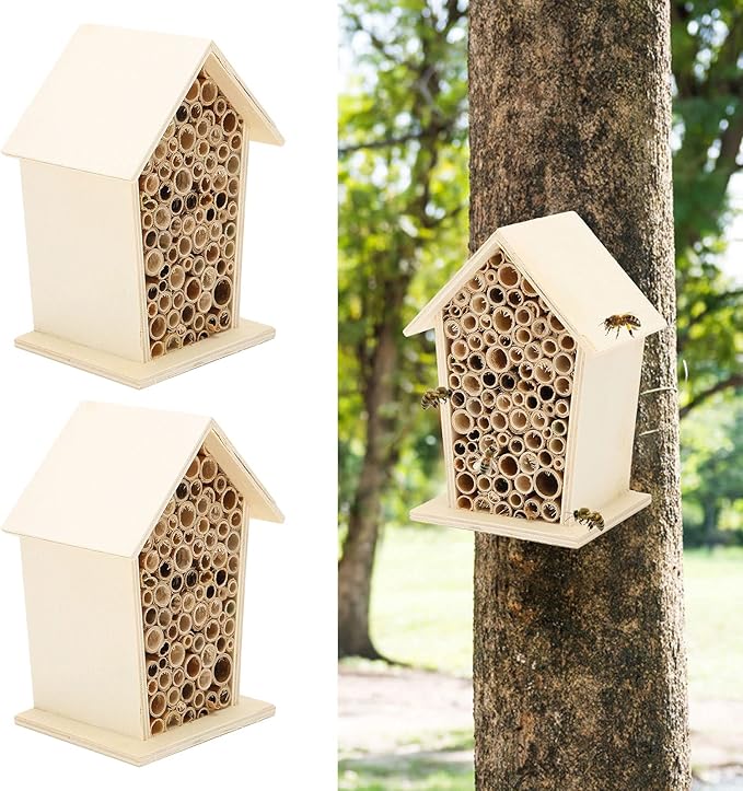 Native Hive Wooden Bee House, Natural Handmade Wooden Bee Box Habitat with Bamboo Tubes,Insect House Shelter for Attracting Peaceful Bee Pollinators (2PCS)