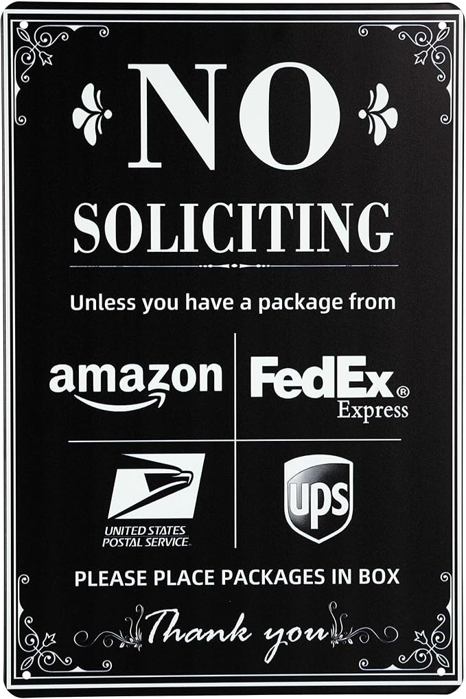 NO SOLICITING Decorative Sign Chic Metal Delivery Sign for Outdoor Yard Front Door or Indoor office Room Wall Decor to Discourage Unwanted Visitors- PLEASE PLACE PACKAGES IN BOX (Color01)