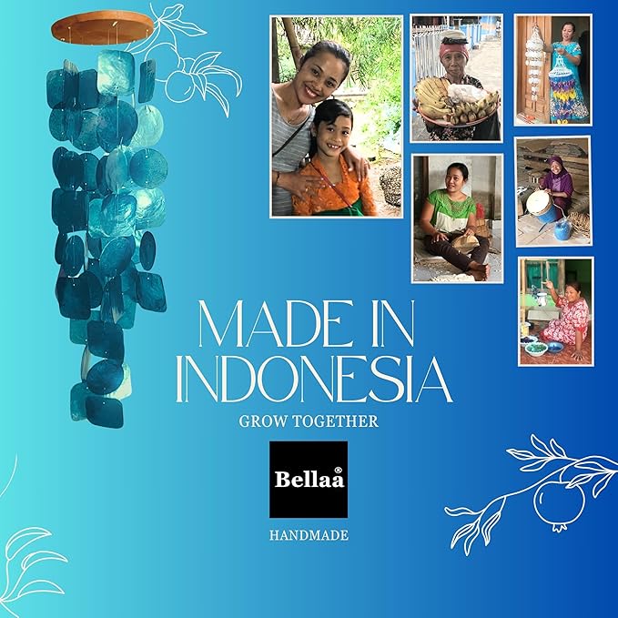 Bellaa Handmade Wind Chimes Outdoor, Musical, Garden Decorations, Beach, Ocean, Breeze, Gifts for Mom, Outside Windchimes, 63pcs, Capiz, Shells, Sea, Glass, Wood, Rainbow