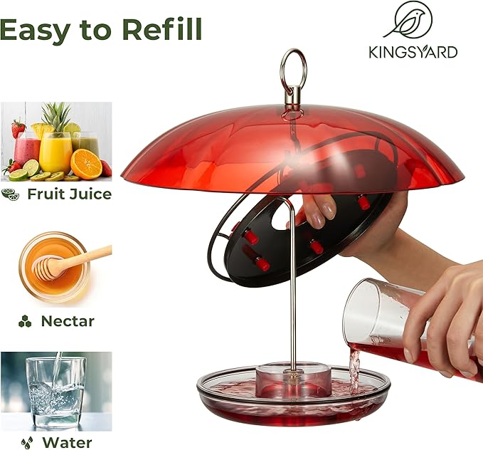 Kingsyard 12 oz Hummingbird Feeder with Rain Guard Dome, Leak-Proof Saucer Nectar Feeder for Outdoors Hanging, Built-in Ant Moat & 6 Bee-Proof Ports, Easy to Refill & Clean, Black