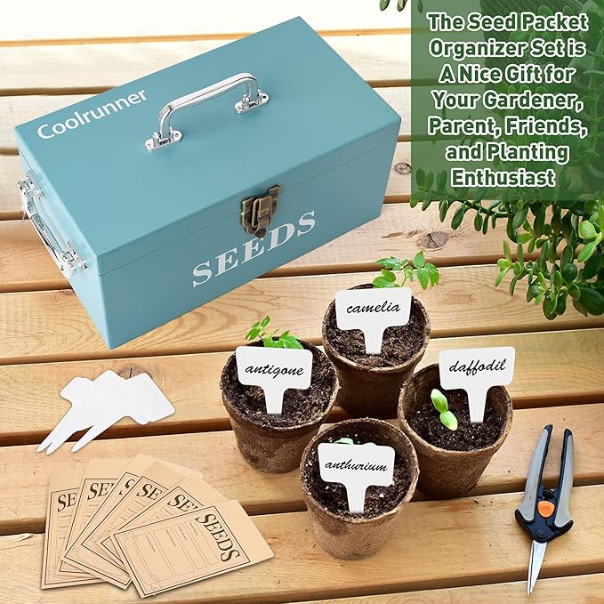 Coolrunner Wood Seed Saving Box, Seed Storage Organizer Case, Seed Packet Storage Organizer with Lock and 3 Handles, 30P Plant Labels, 30P Seeding Envelopes Bag (Blue)