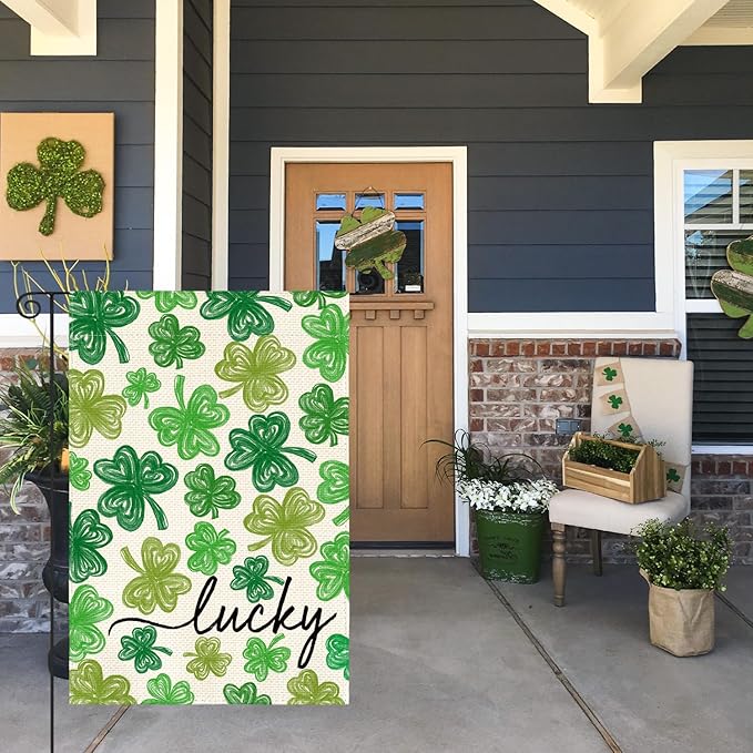 AVOIN colorlife St Patricks Day Garden Flag 12x18 Inch Double Sided Outside, Shamrock Lucky Clover Holiday Yard Outdoor Flag