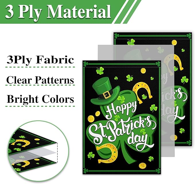 St Patrick'S Day Double Sided Garden Flags 12×18 Happy Shamrocks Garden Flag Clover Hat Gold Coins Flag for Outside Yard House Lawn Outdoor Holiday Sign Decor