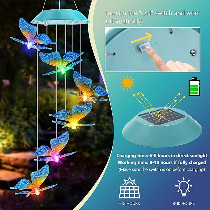 Solar Butterfly Gift for Mom Girls, Color Changing Christmas Wind Chimes for Outside, Solar Outdoor Decorative Mobile Lights for Garden, Yard, Patio, Window, Christmas Decorations, Gift for Women