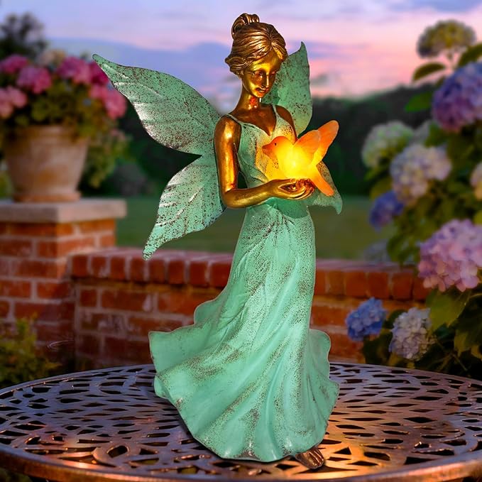 Solar Fairy Garden Statue Decor - 10 Inch Angel Statue Girls Resin Waterproof Home Decoration with Hummingbird LED Lights for Bedroom Balcony Table Yard Patio, Gifts for Women Mom Grandma Birthday