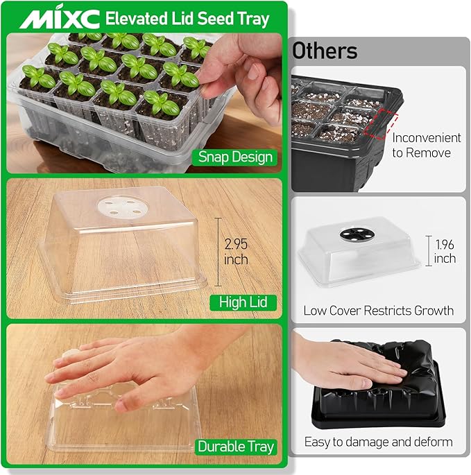 MIXC Seed Starter Tray with Elevated Lid, 120 Cells Seed Starter Kit with Adjustable Humidity Dome, Drainage Hole, Clear Heightened Lids for Indoor Outdoor Greenhouse Gardens, 10 Pack, Transparent