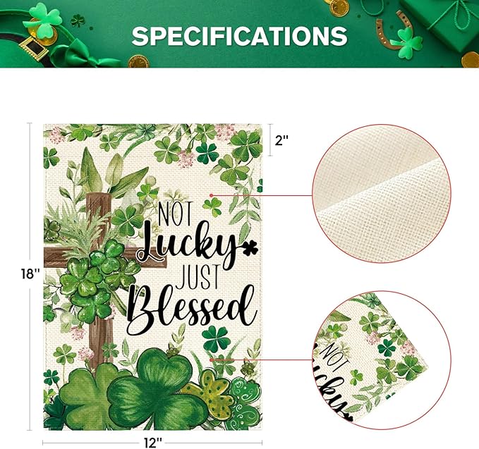 AVOIN colorlife St Patricks Day Garden Flag 12x18 Inch Double Sided Outside, Not Lucky Just Blessed Shamrocks Clovers Cross Yard Outdoor Flag