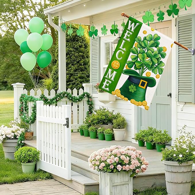 Welcome St Patricks Day House Flags Burlap 28x48 Double Sided, Green Hat Lucky Shamrocks Gold Coin Holiday Party Sign Large Flag Yard Outdoor Decor DF658-28