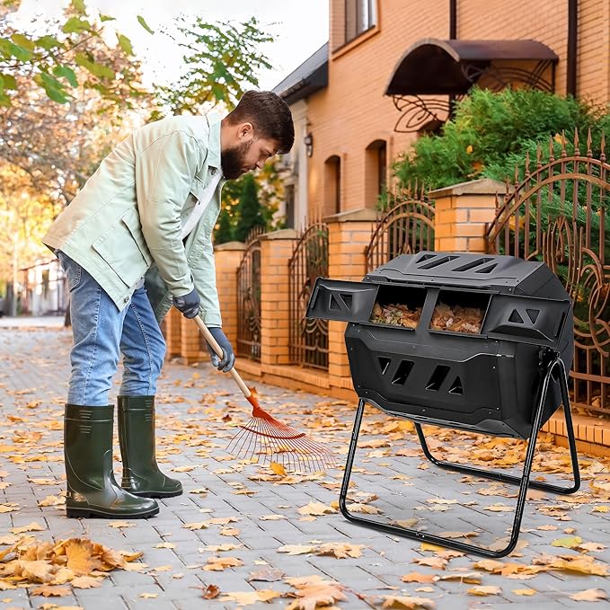 Nova Microdermabrasion 43 Gallon Compost Tumbler Bin Composter Dual Chamber BPA Free Compost Bin Outdoor Rotating Garden Yard Waste Bins