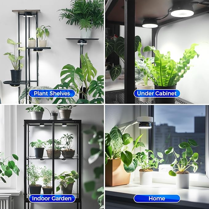 Barrina Orbgrow OG09 Puck LED Grow Light, 5000K 36W(4 x 9W, 540 Watt Equiv), Plant Lights for Indoor Plants Full Spectrum, Magnetic & Linkable, Small Grow lamp, Perfect for Plant Shelf, 4 Packs, Black