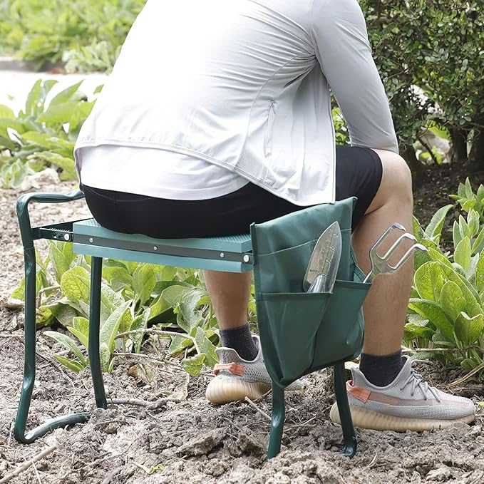 HomGarden Folding Garden Kneeler Seat Bench Stool w/Soft Kneeling Pad and Large Tool Pouch Foldable Gardener Stool (4 Sets)