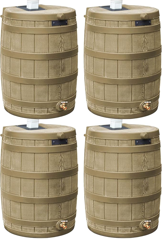 Good Ideas Rain Wizard 50 Gallon Plastic Outdoor Home Rain Barrel Water Storage Collector with Brass Spigot and Flat Back Design, Khaki (4 Pack)